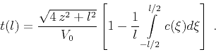 \begin{displaymath}
t(l) = { \sqrt{4\,z^2 + l^2} \over V_0 } \left[ 1 - {1 \over {l}}
\int\limits_{-l/2}^{l/2} c(\xi) d\xi \right]\;.
\end{displaymath}