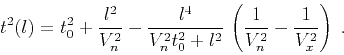 \begin{displaymath}
t^2(l) = t_0^2 + {l^2 \over V_n^2} - {{l^4} \over
{V_n^2 t_0^2 + l^2}}\,
\left({1 \over V_n^2} - {1 \over V_x^2}\right)\;.
\end{displaymath}