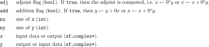 \begin{desclist}{\tt }{\quad}[\tt add]
\setlength \itemsep{0pt}
\item[adj] ad...
...mplex*}).
\item[y] output or input data (\texttt{sf\_complex*}).
\end{desclist}