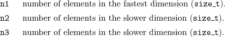 \begin{desclist}{\tt }{\quad}[\tt ]
\setlength \itemsep{0pt}
\item[n1] number...
...3] number of elements in the slower dimension (\texttt{size\_t}).
\end{desclist}
