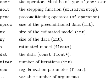 \begin{desclist}{\tt }{\quad}[\tt nprec]
\setlength \itemsep{0pt}
\item[oper]...
...eter (\texttt{float}).
\item[...] variable number of arguments.
\end{desclist}