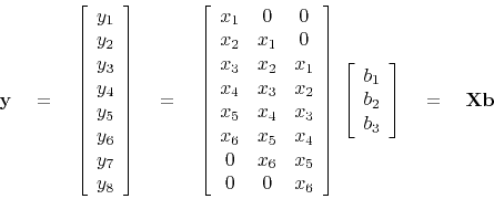 \begin{displaymath}
\bold y \eq
\left[
\begin{array}{c}
y_1 \\
y_2 \\
y_3 ...
...b_1 \\
b_2 \\
b_3 \end{array} \right]
\eq \bold X \bold b
\end{displaymath}