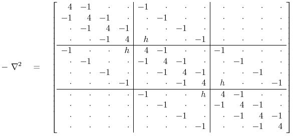 $\displaystyle -\ \nabla^2 \eq \left[ \begin{array}{rrrr\vert rrrr\vert rrrr} 4 ...
... \cdot & \cdot & \cdot & \cdot &-1 & \cdot & \cdot & -1 & 4 \end{array} \right]$
