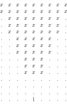 \begin{displaymath}\begin{array}{ccccccccc} x& x& x& x& x& x& x& x& x \\ x& x& x...
....& .& .& .& .& .& .& . \\ .& .& .& .& 1& .& .& .& . \end{array}\end{displaymath}