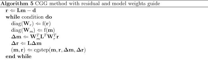 \begin{algorithm}
% latex2html id marker 136\caption{CGG method with residual ...
...mathbf m, \mathbf \Delta \mathbf r) $
\ENDWHILE
\end{algorithmic}\end{algorithm}