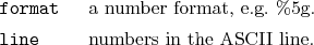 \begin{desclist}{\tt }{\quad}[\tt format]
\setlength \itemsep{0pt}
\item[form...
...umber format, e.g.&nbsp;\%5g.
\item[line] numbers in the ASCII line.
\end{desclist}