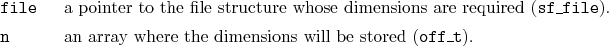 \begin{desclist}{\tt }{\quad}[\tt file]
\setlength \itemsep{0pt}
\item[file] ...
...] an array where the dimensions will be stored (\texttt{off\_t}).
\end{desclist}