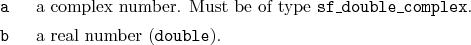 \begin{desclist}{\tt }{\quad}[\tt ]
\setlength \itemsep{0pt}
\item[a] a compl...
...f\_double\_complex}.
\item[b] a real number (\texttt{double}).
\end{desclist}