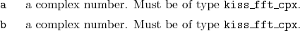 \begin{desclist}{\tt }{\quad}[\tt ]
\setlength \itemsep{0pt}
\item[a] a compl...
...tem[b] a complex number. Must be of type \texttt{kiss\_fft\_cpx}.
\end{desclist}