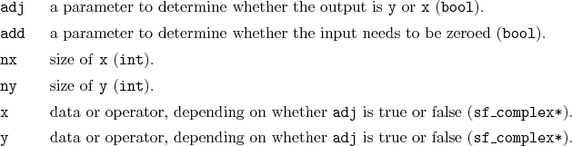 \begin{desclist}{\tt }{\quad}[\tt add]
\setlength \itemsep{0pt}
\item[adj] a ...
...on whether \texttt{adj} is true or false (\texttt{sf\_complex*}).
\end{desclist}
