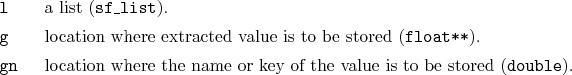 \begin{desclist}{\tt }{\quad}[\tt gn]
\setlength \itemsep{0pt}
\item[l] a lis...
... the name or key of the value is to be stored (\texttt{double}).
\end{desclist}