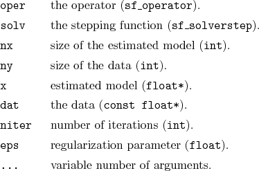 \begin{desclist}{\tt }{\quad}[\tt niter]
\setlength \itemsep{0pt}
\item[oper]...
...eter (\texttt{float}).
\item[...] variable number of arguments.
\end{desclist}