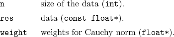 \begin{desclist}{\tt }{\quad}[\tt weight]
\setlength \itemsep{0pt}
\item[n] s...
...t*}).
\item[weight] weights for Cauchy norm (\texttt{float*}).
\end{desclist}