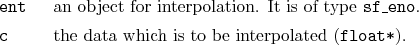 \begin{desclist}{\tt }{\quad}[\tt ent]
\setlength \itemsep{0pt}
\item[ent] an...
...\item[c] the data which is to be interpolated (\texttt{float*}).
\end{desclist}