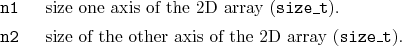 \begin{desclist}{\tt }{\quad}[\tt n2]
\setlength \itemsep{0pt}
\item[n1] size...
...em[n2] size of the other axis of the 2D array (\texttt{size\_t}).
\end{desclist}