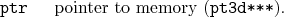 \begin{desclist}{\tt }{\quad}[\tt ptr]
\setlength \itemsep{0pt}
\item[ptr] pointer to memory (\texttt{pt3d***}).
\end{desclist}