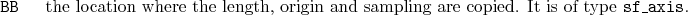 \begin{desclist}{\tt }{\quad}[\tt ]
\setlength \itemsep{0pt}
\item[BB] the l...
... origin and sampling are copied. It is of type \texttt{sf\_axis}.
\end{desclist}