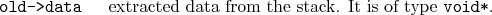 \begin{desclist}{\tt }{\quad}[\tt ]
\setlength \itemsep{0pt}
\item[old->data] extracted data from the stack. It is of type \texttt{void*}.
\end{desclist}