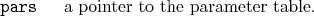 \begin{desclist}{\tt }{\quad}[\tt pars]
\setlength \itemsep{0pt}
\item[pars] a pointer to the parameter table.
\end{desclist}