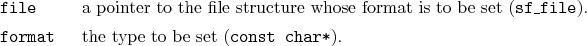 \begin{desclist}{\tt }{\quad}[\tt format]
\setlength \itemsep{0pt}
\item[file...
...ile}).
\item[format] the type to be set (\texttt{const char*}).
\end{desclist}
