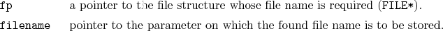 \begin{desclist}{\tt }{\quad}[\tt filename]
\setlength \itemsep{0pt}
\item[fp...
...r to the parameter on which the found file name is to be stored.
\end{desclist}
