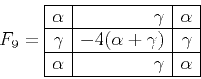 \begin{displaymath}
F_9 = \begin{array}{\vert r\vert r\vert r\vert}
\hline
\alph...
...gamma \\ \hline
\alpha & \gamma & \alpha \\ \hline
\end{array}\end{displaymath}