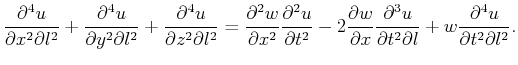 $\displaystyle \frac{\partial^4 u}{\partial x^2 \partial l^2}+
\frac{\partial^4 ...
...}{\partial t^2 \partial l} +
w \frac{\partial^4 u}{\partial t^2 \partial l^2} .$