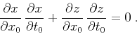 \begin{displaymath}
\frac{\partial x}{\partial x_0} \frac{\partial x}{\partial ...
...tial z}{\partial x_0} \frac{\partial z}{\partial t_0}
= 0\;.
\end{displaymath}