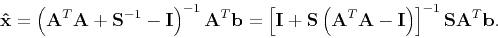 \begin{displaymath}
\mathbf{\hat{x}}=\left(\mathbf{A}^{T}\mathbf{A}+\mathbf{S}^...
...bf{I}\right)\right]^{-1}\mathbf{S}\mathbf{A}^{T}\mathbf{b}.
\end{displaymath}