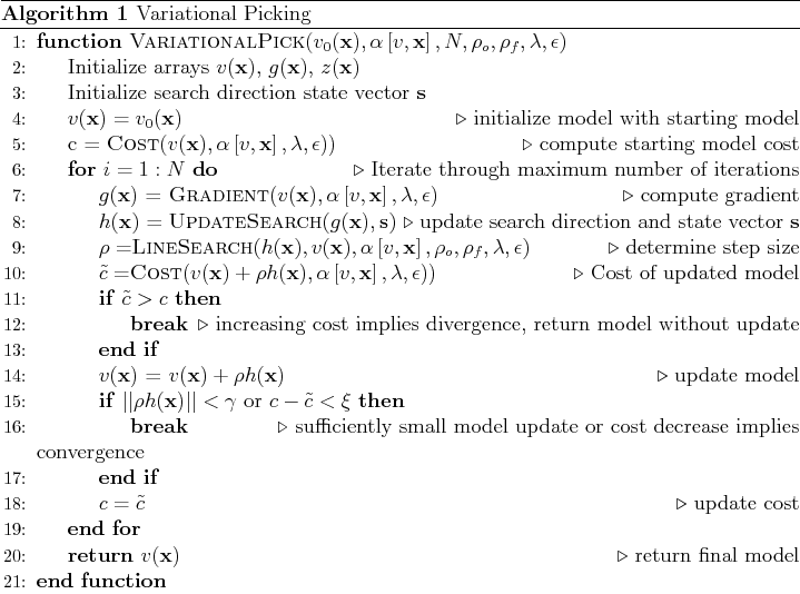 \begin{algorithm}
% latex2html id marker 519
[H]
\caption{Variational Picking}
\...
...x})$ \Comment{return final model}
\EndFunction
\end{algorithmic}\end{algorithm}