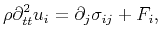 $\displaystyle \rho \partial^2_{tt}u_i = \partial_j \sigma_{ij} + F_i,$