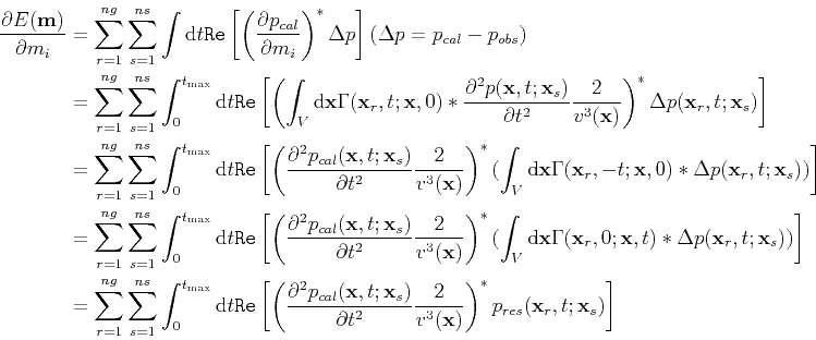 \begin{displaymath}\begin{split}\frac{\partial E(\textbf{m})}{\partial m_i} &=\s...
...ght)^*p_{res}(\textbf{x}_r,t;\textbf{x}_s)\right]\\ \end{split}\end{displaymath}